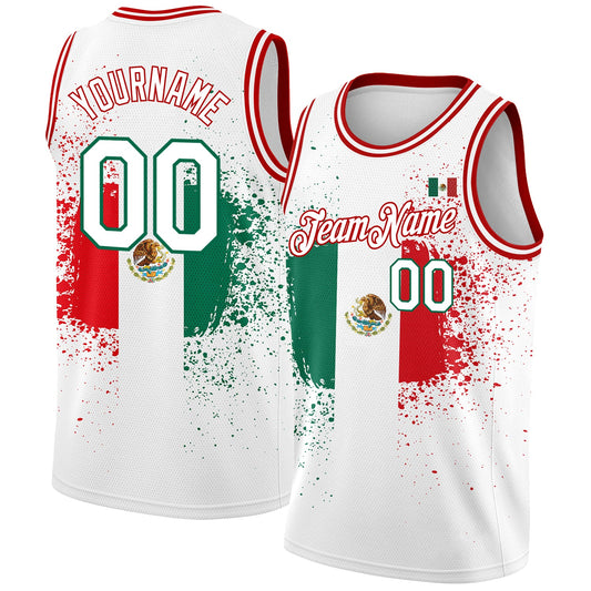 Custom White Kelly Green-Red 3D Mexican Flag Authentic Basketball Jersey - Sky-Custom