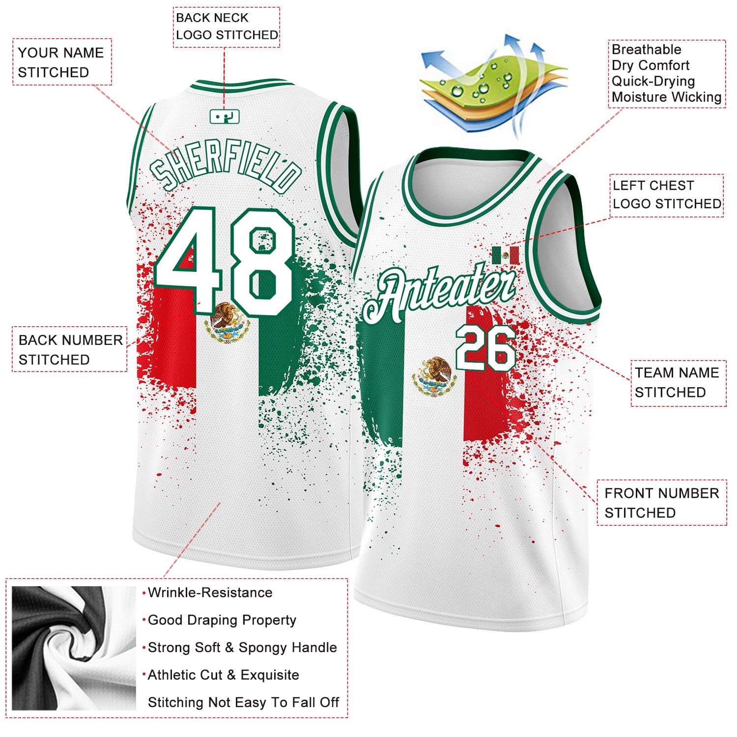 Custom White Kelly Green-Red 3D Mexican Flag Authentic Basketball Jersey - Sky-Custom