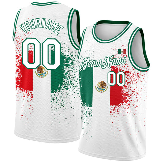 Custom White Kelly Green-Red 3D Mexican Flag Authentic Basketball Jersey - Sky-Custom