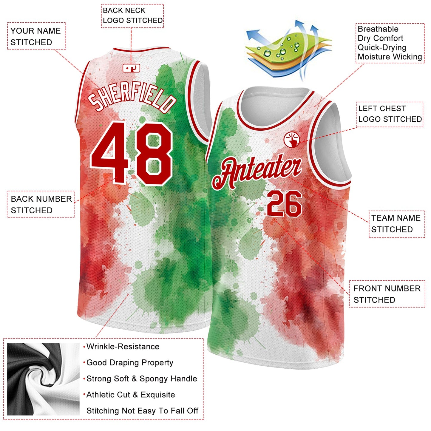 Custom Kelly Green Red-White 3D Mexico Watercolored Splashes Grunge Design Authentic Basketball Jersey - Sky-Custom