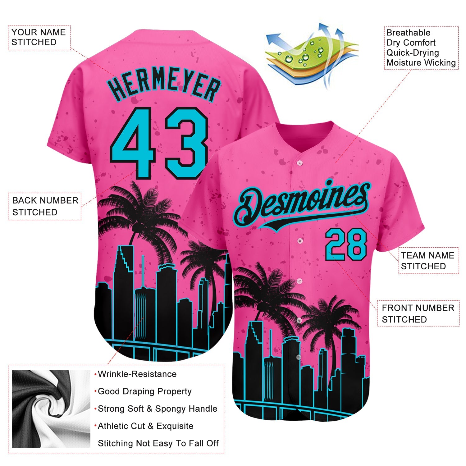 Custom Pink Lakes Blue-Black 3D Miami Palm Trees City Edition Authentic Baseball Jersey - Sky-Custom
