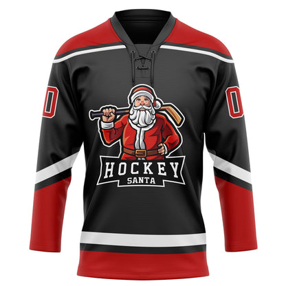 Custom Black Red-White Christmas Santa Claus 3D Hockey Lace Neck Jersey - Sky-Custom