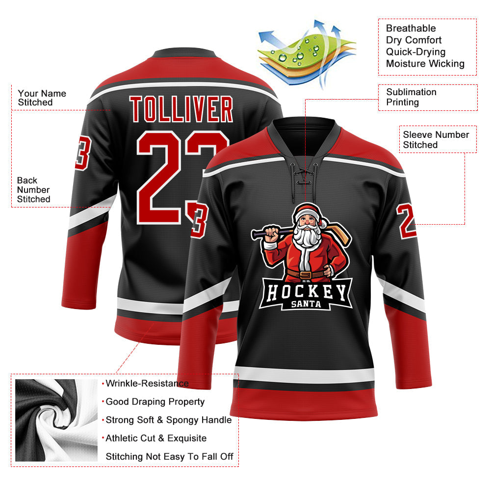 Custom Black Red-White Christmas Santa Claus 3D Hockey Lace Neck Jersey - Sky-Custom