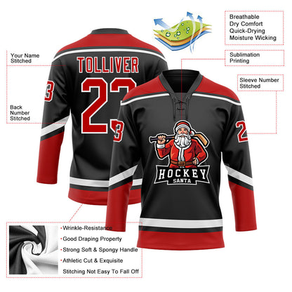 Custom Black Red-White Christmas Santa Claus 3D Hockey Lace Neck Jersey - Sky-Custom