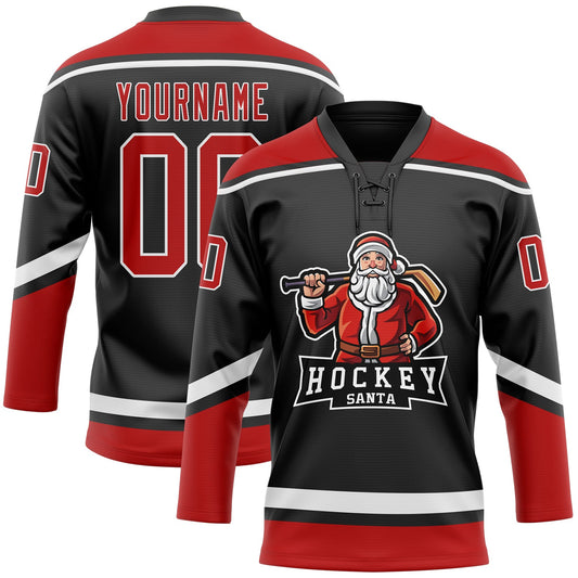 Custom Black Red-White Christmas Santa Claus 3D Hockey Lace Neck Jersey - Sky-Custom