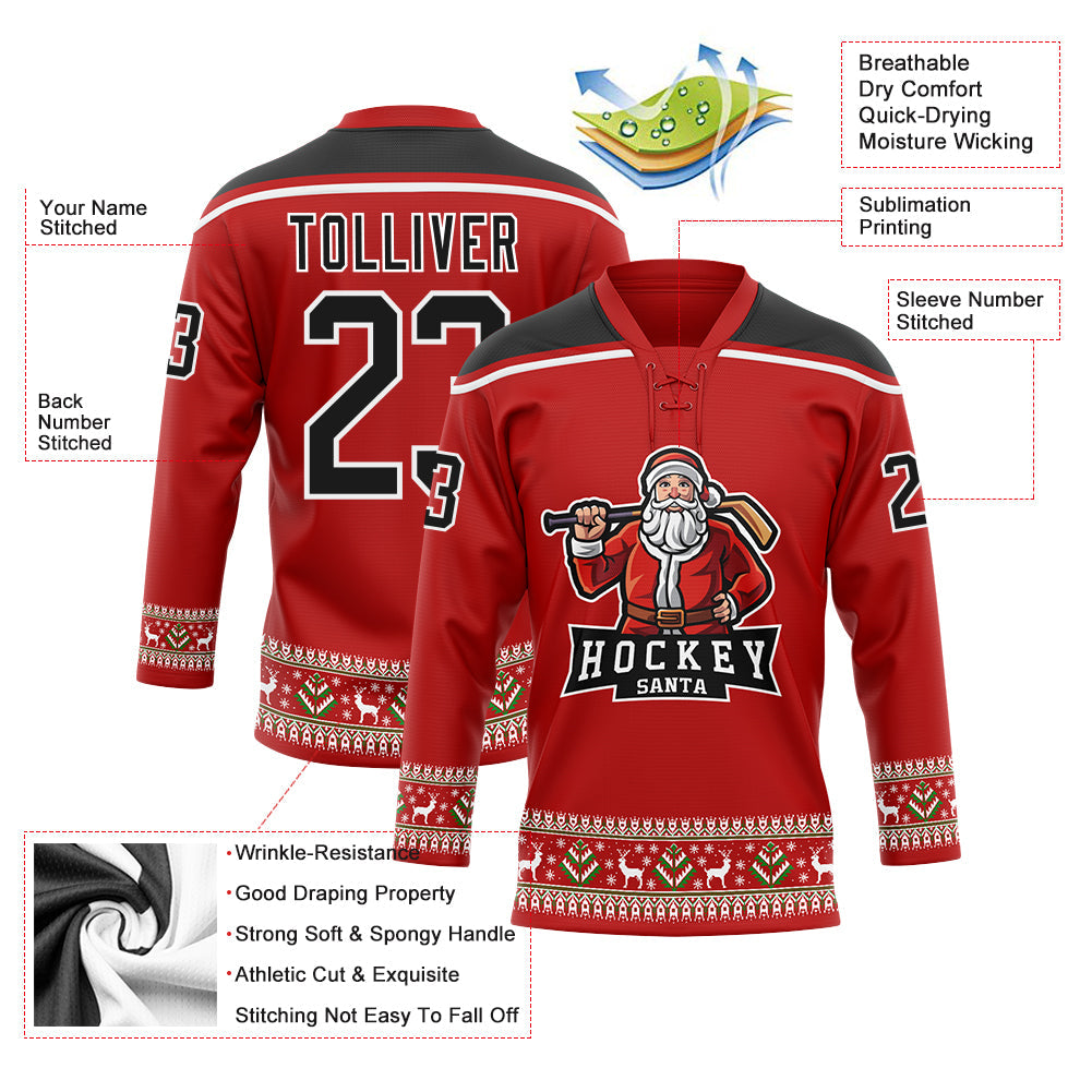 Custom Red Black-White Christmas Santa Claus 3D Hockey Lace Neck Jersey - Sky-Custom