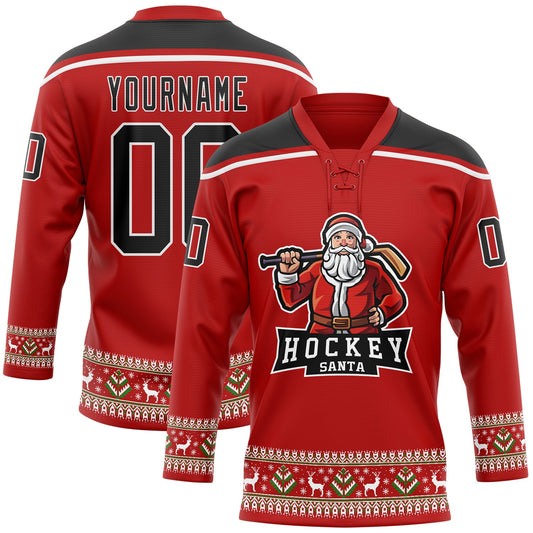 Custom Red Black-White Christmas Santa Claus 3D Hockey Lace Neck Jersey - Sky-Custom