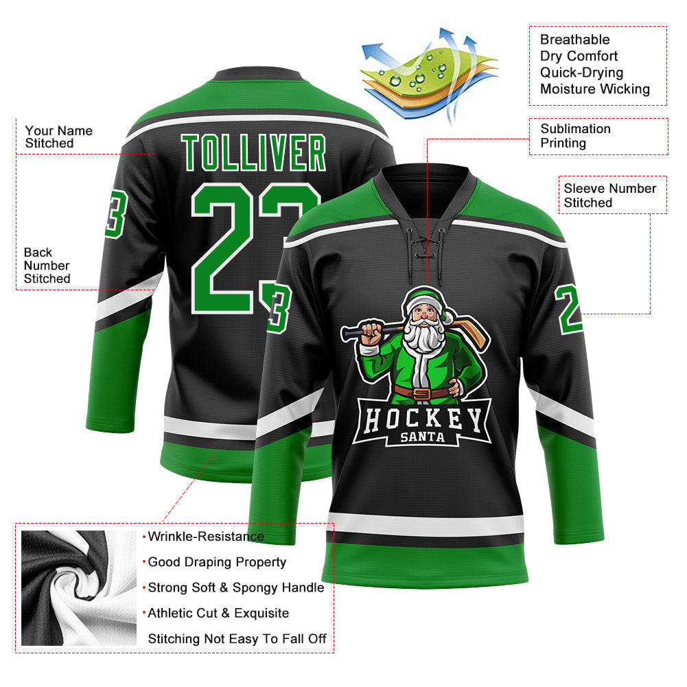 Custom Black Grass Green-White Christmas Santa Claus 3D Hockey Lace Neck Jersey - Sky-Custom