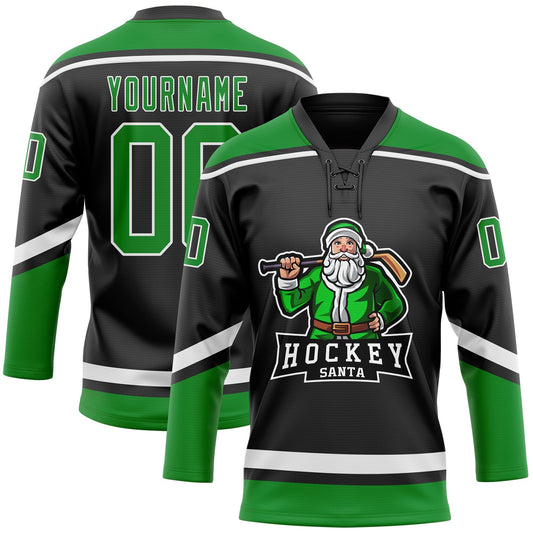 Custom Black Grass Green-White Christmas Santa Claus 3D Hockey Lace Neck Jersey - Sky-Custom