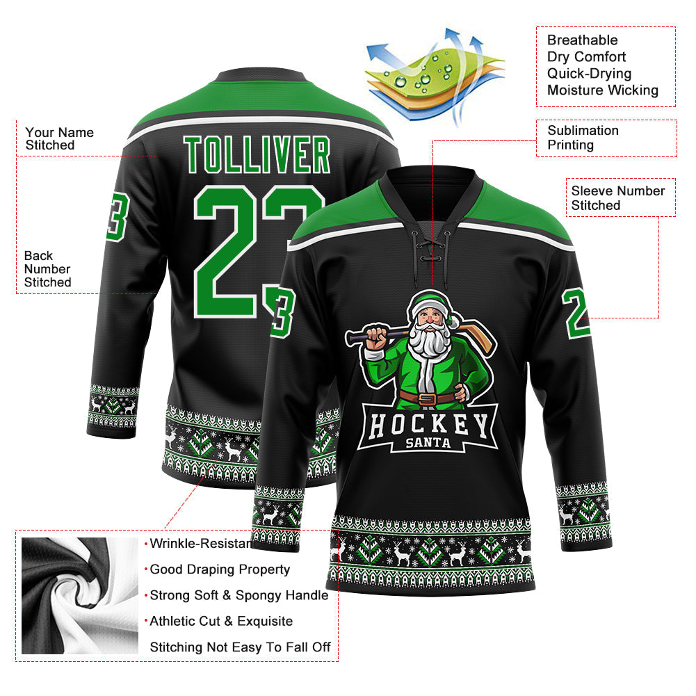 Custom Black Grass Green-White Christmas Santa Claus 3D Hockey Lace Neck Jersey - Sky-Custom