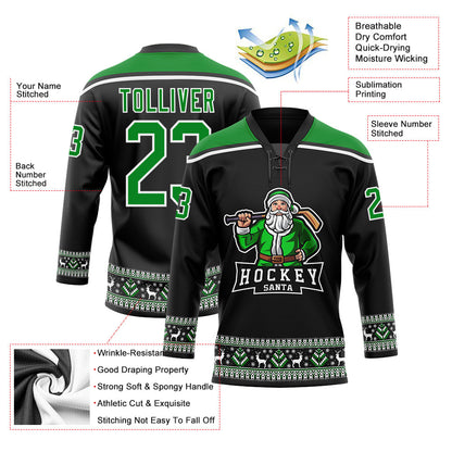 Custom Black Grass Green-White Christmas Santa Claus 3D Hockey Lace Neck Jersey - Sky-Custom