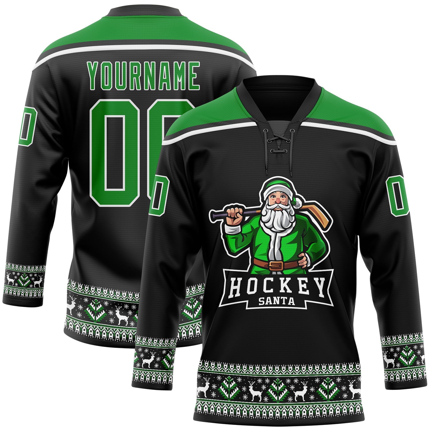 Custom Black Grass Green-White Christmas Santa Claus 3D Hockey Lace Neck Jersey - Sky-Custom