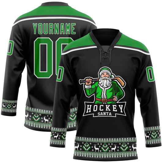 Custom Black Grass Green-White Christmas Santa Claus 3D Hockey Lace Neck Jersey - Sky-Custom