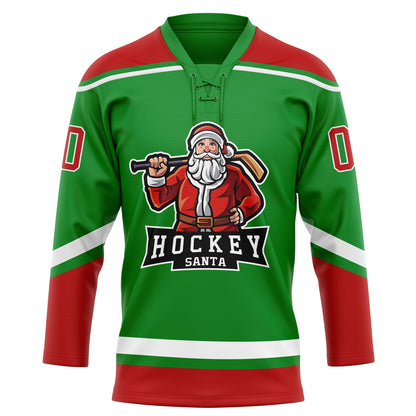 Custom Grass Green Red-White Christmas Santa Claus 3D Hockey Lace Neck Jersey - Sky-Custom