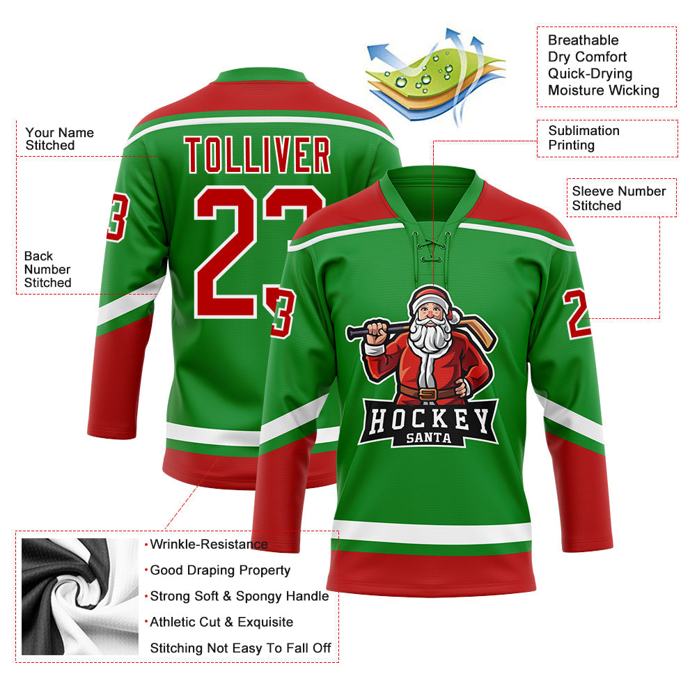 Custom Grass Green Red-White Christmas Santa Claus 3D Hockey Lace Neck Jersey - Sky-Custom