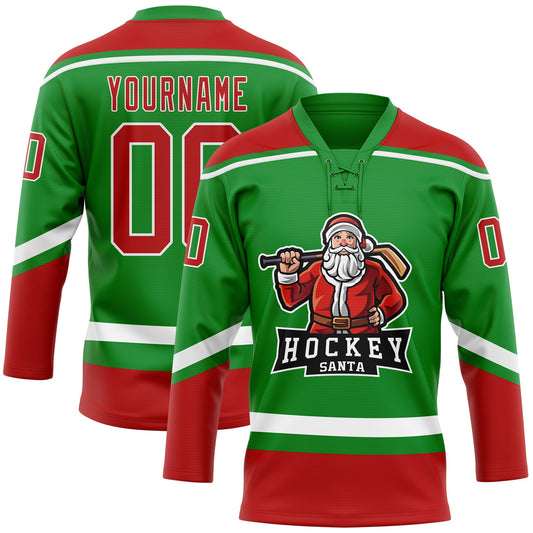 Custom Grass Green Red-White Christmas Santa Claus 3D Hockey Lace Neck Jersey - Sky-Custom