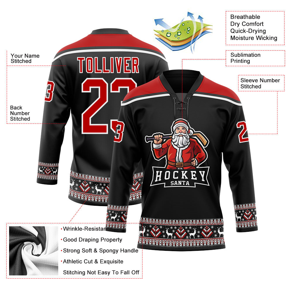 Custom Black Red-White Christmas Santa Claus 3D Hockey Lace Neck Jersey - Sky-Custom