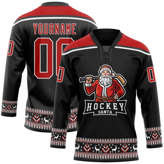 Custom Black Red-White Christmas Santa Claus 3D Hockey Lace Neck Jersey - Sky-Custom