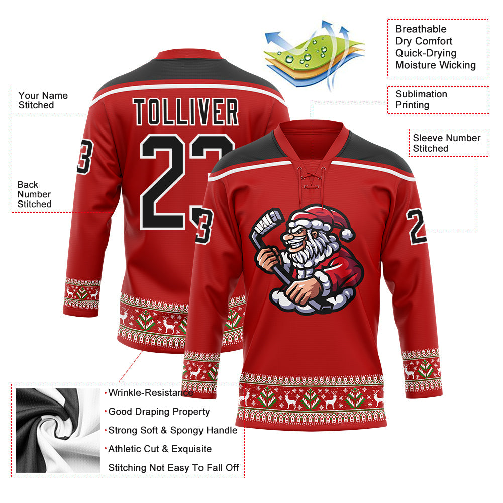 Custom Red Black-White Christmas Santa Claus 3D Hockey Lace Neck Jersey - Sky-Custom