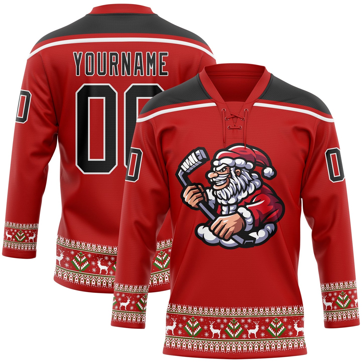 Custom Red Black-White Christmas Santa Claus 3D Hockey Lace Neck Jersey - Sky-Custom
