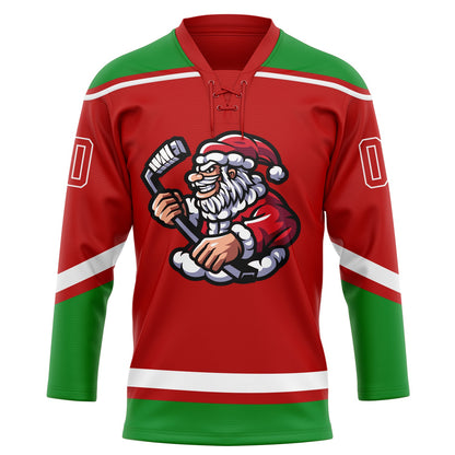 Custom Red Grass Green-White Christmas Santa Claus 3D Hockey Lace Neck Jersey - Sky-Custom