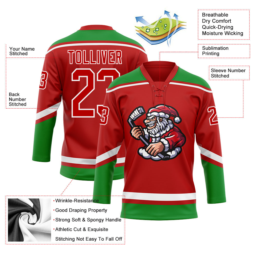 Custom Red Grass Green-White Christmas Santa Claus 3D Hockey Lace Neck Jersey - Sky-Custom