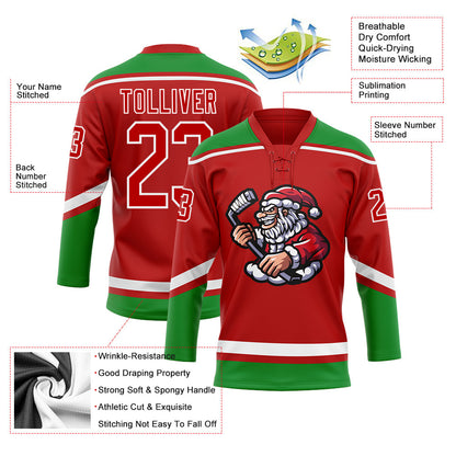 Custom Red Grass Green-White Christmas Santa Claus 3D Hockey Lace Neck Jersey - Sky-Custom