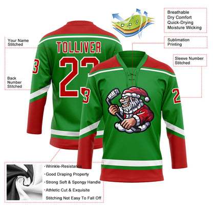 Custom Grass Green Red-White Christmas Santa Claus 3D Hockey Lace Neck Jersey - Sky-Custom