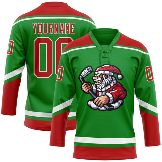 Custom Grass Green Red-White Christmas Santa Claus 3D Hockey Lace Neck Jersey - Sky-Custom