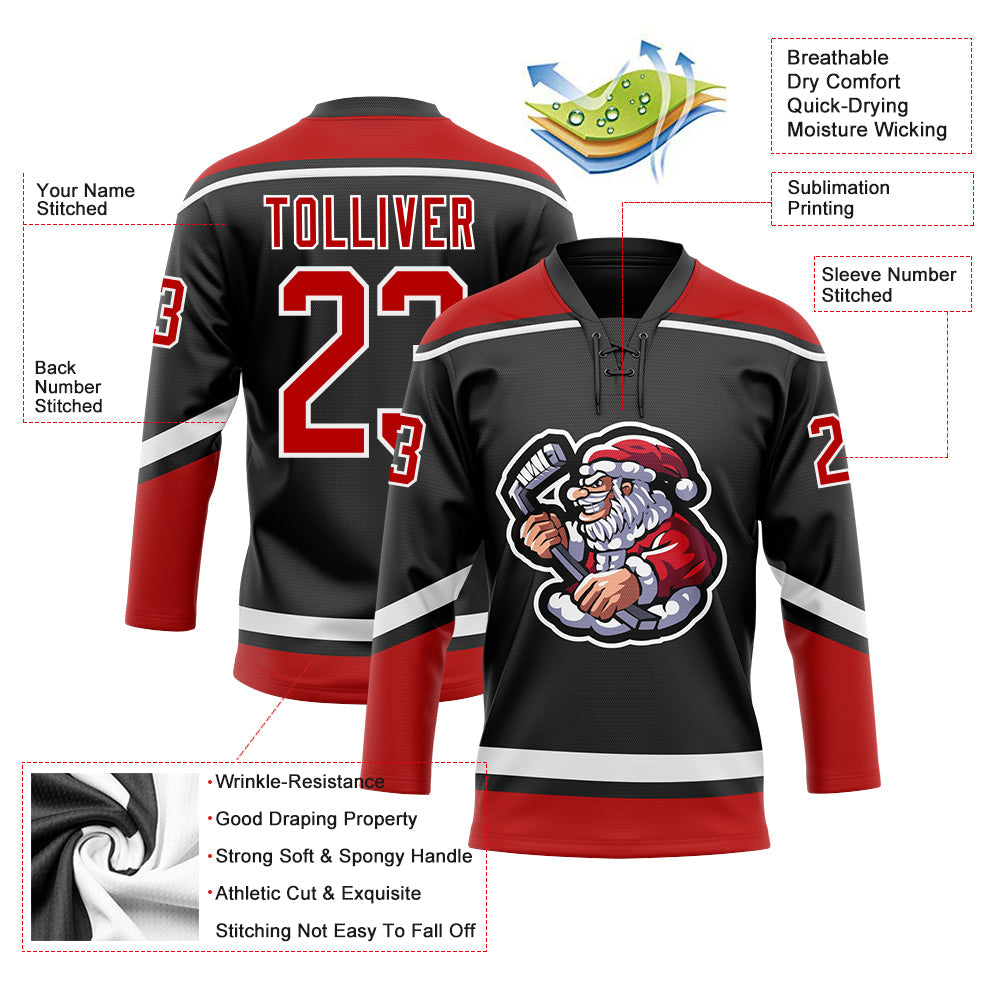 Custom Black Red-White Christmas Santa Claus 3D Hockey Lace Neck Jersey - Sky-Custom