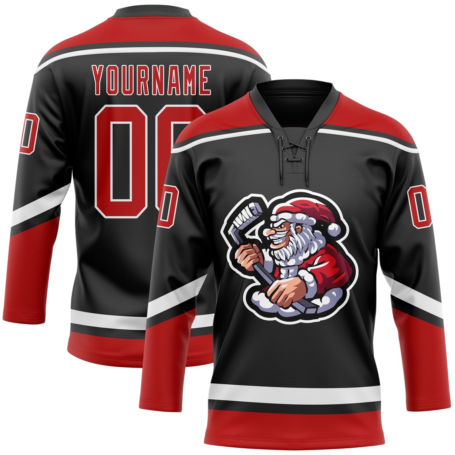 Custom Black Red-White Christmas Santa Claus 3D Hockey Lace Neck Jersey - Sky-Custom
