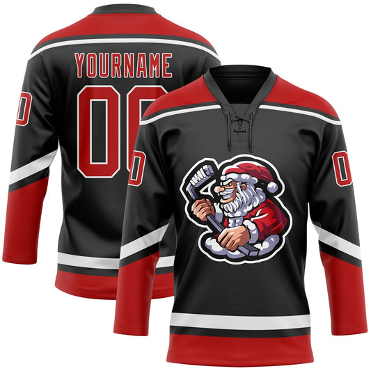 Custom Black Red-White Christmas Santa Claus 3D Hockey Lace Neck Jersey - Sky-Custom