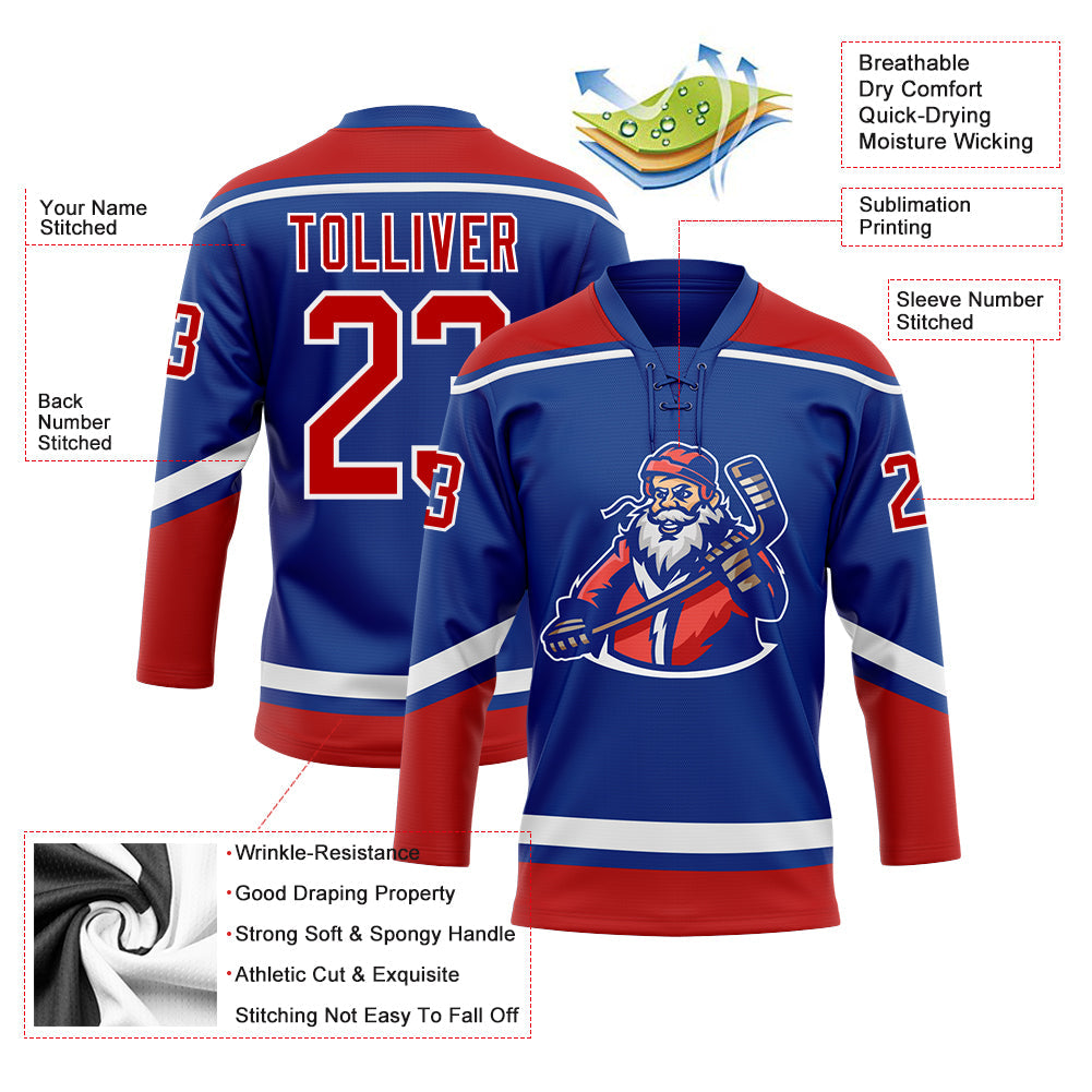 Custom Royal Red-White Christmas Santa Claus 3D Hockey Lace Neck Jersey - Sky-Custom