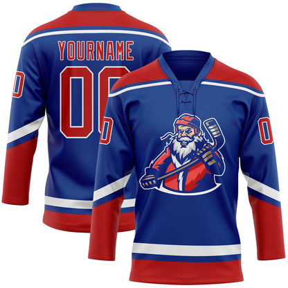 Custom Royal Red-White Christmas Santa Claus 3D Hockey Lace Neck Jersey - Sky-Custom