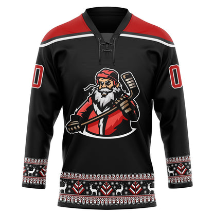 Custom Black Red-White Christmas Santa Claus 3D Hockey Lace Neck Jersey - Sky-Custom