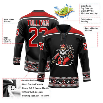 Custom Black Red-White Christmas Santa Claus 3D Hockey Lace Neck Jersey - Sky-Custom