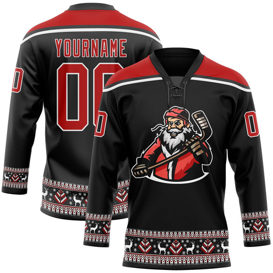 Custom Black Red-White Christmas Santa Claus 3D Hockey Lace Neck Jersey - Sky-Custom