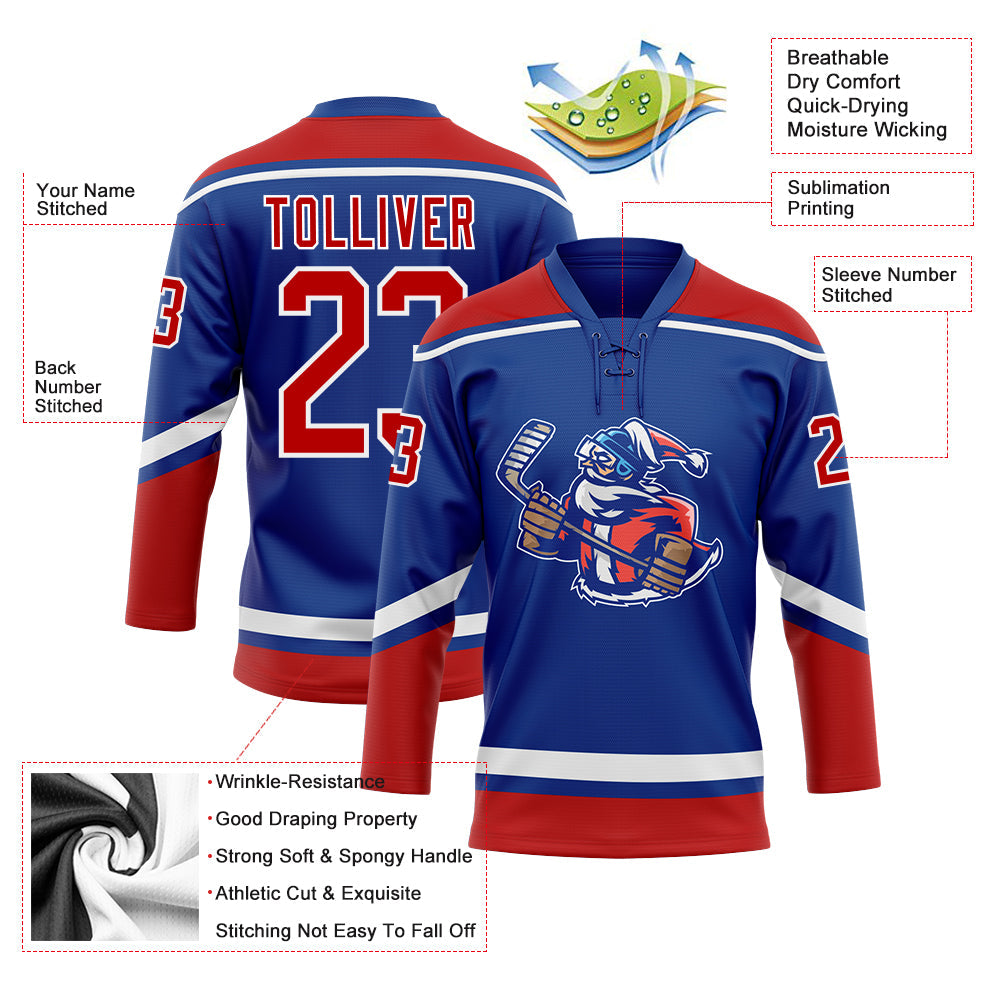 Custom Royal Red-White Christmas Santa Claus 3D Hockey Lace Neck Jersey - Sky-Custom