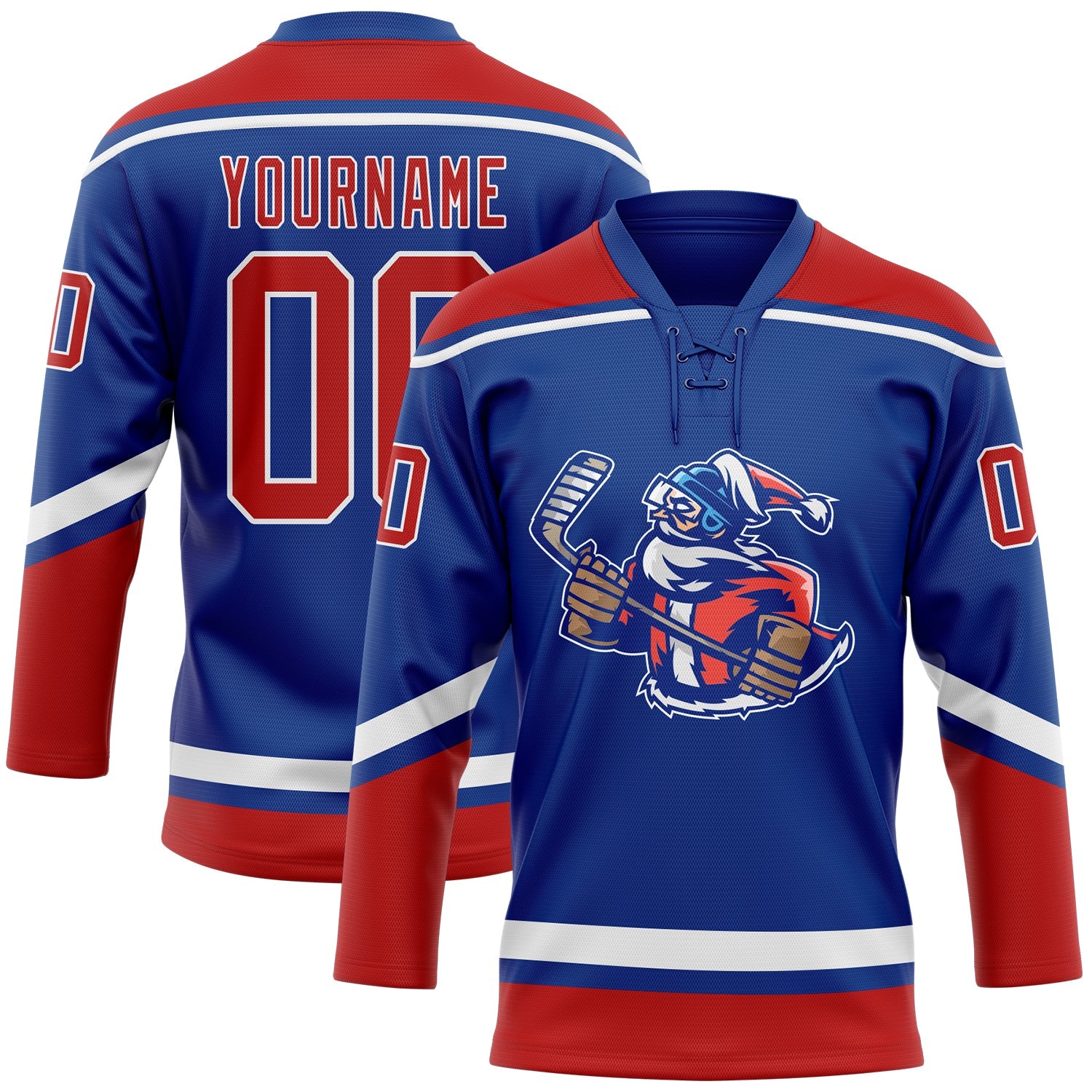 Custom Royal Red-White Christmas Santa Claus 3D Hockey Lace Neck Jersey - Sky-Custom