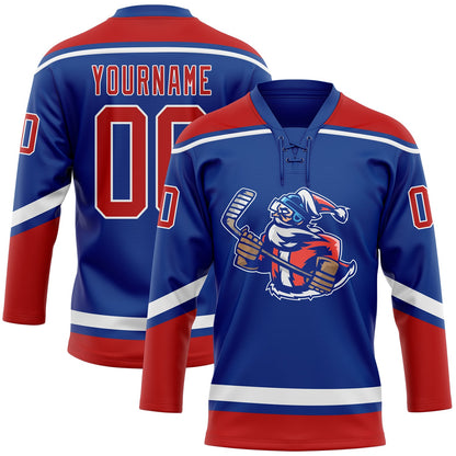 Custom Royal Red-White Christmas Santa Claus 3D Hockey Lace Neck Jersey - Sky-Custom