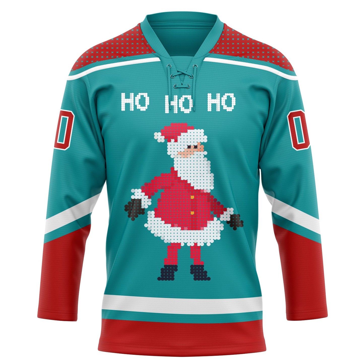 Custom Teal Red-White Christmas Santa Claus 3D Hockey Lace Neck Jersey - Sky-Custom