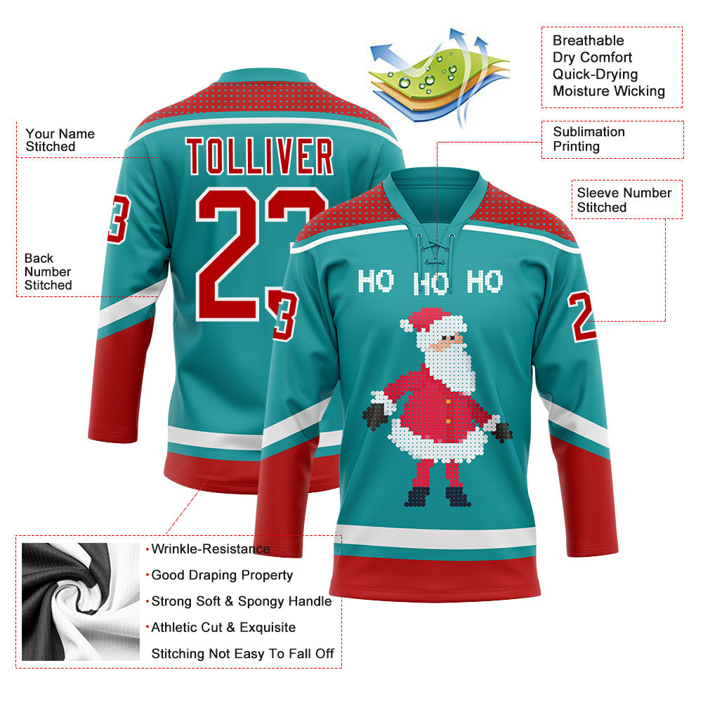 Custom Teal Red-White Christmas Santa Claus 3D Hockey Lace Neck Jersey - Sky-Custom