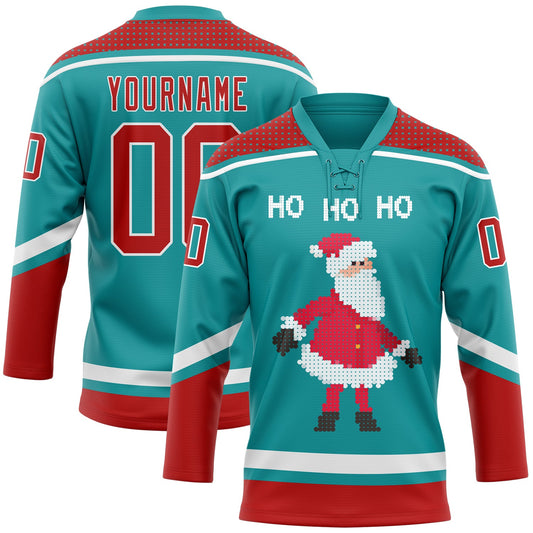 Custom Teal Red-White Christmas Santa Claus 3D Hockey Lace Neck Jersey - Sky-Custom