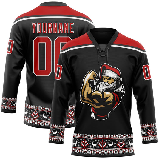 Custom Black Red-White Christmas Santa Claus 3D Hockey Lace Neck Jersey - Sky-Custom