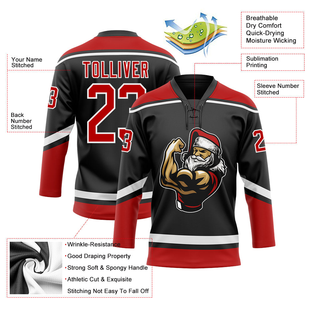 Custom Black Red-White Christmas Santa Claus 3D Hockey Lace Neck Jersey - Sky-Custom