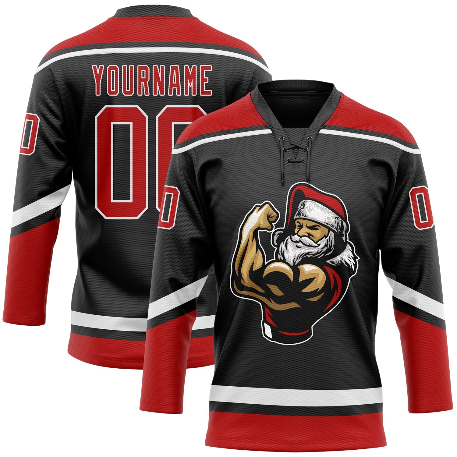 Custom Black Red-White Christmas Santa Claus 3D Hockey Lace Neck Jersey - Sky-Custom