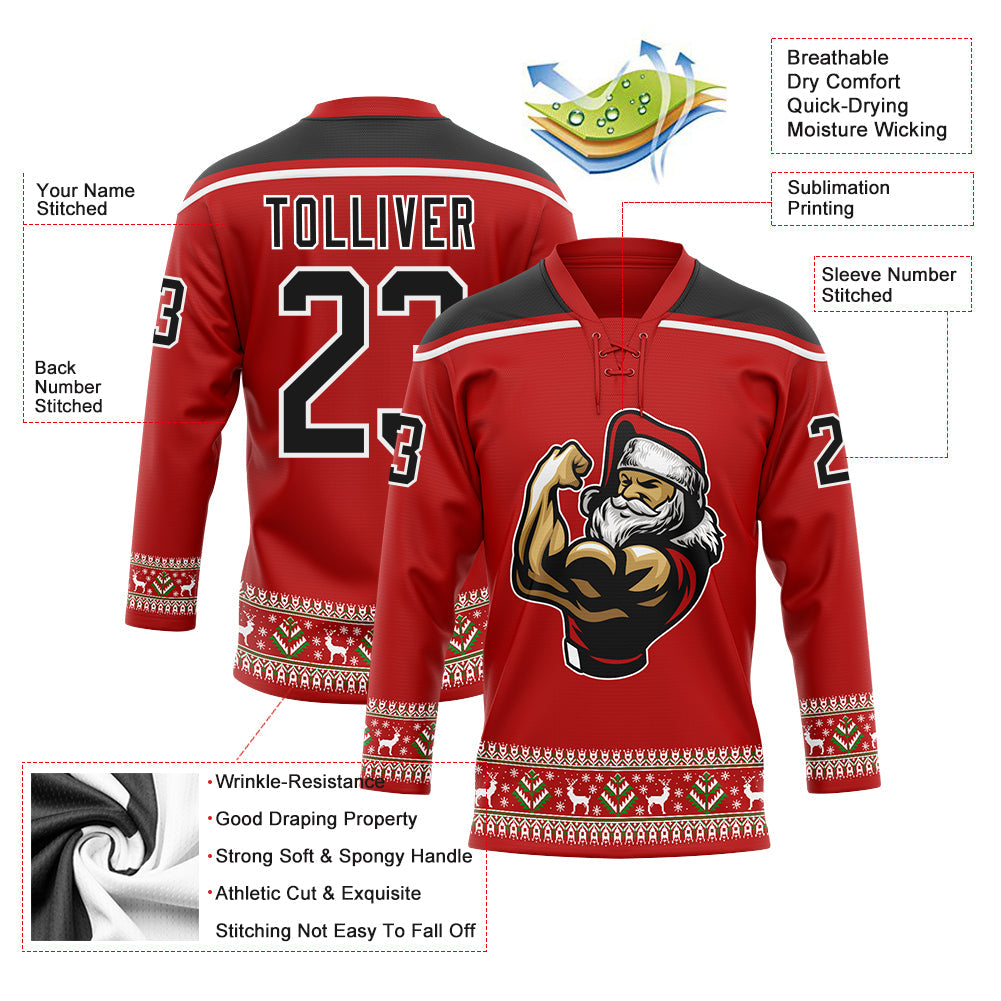 Custom Red Black-White Christmas Santa Claus 3D Hockey Lace Neck Jersey - Sky-Custom