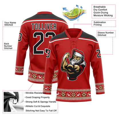 Custom Red Black-White Christmas Santa Claus 3D Hockey Lace Neck Jersey - Sky-Custom
