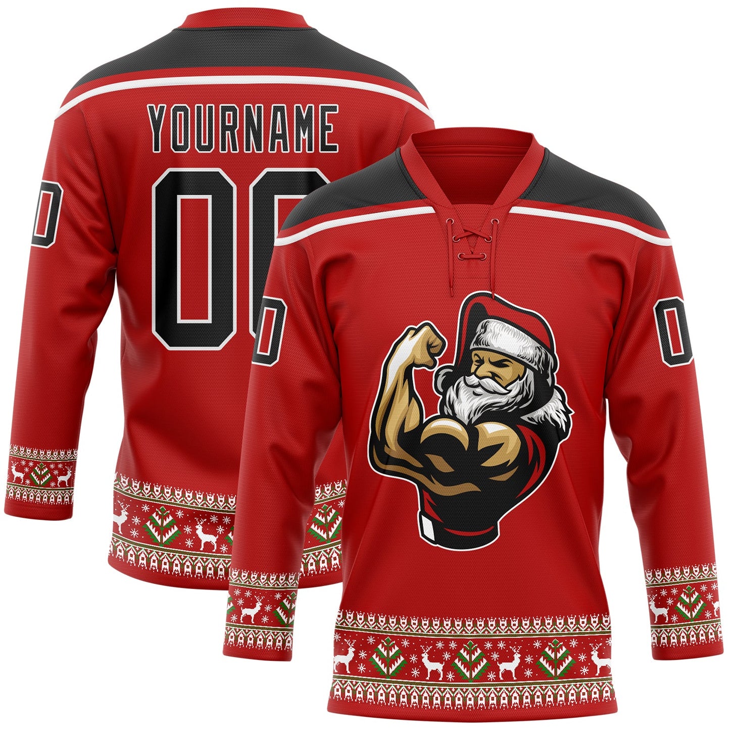 Custom Red Black-White Christmas Santa Claus 3D Hockey Lace Neck Jersey - Sky-Custom