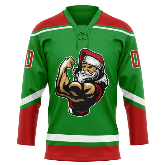 Custom Grass Green Red-White Christmas Santa Claus 3D Hockey Lace Neck Jersey - Sky-Custom